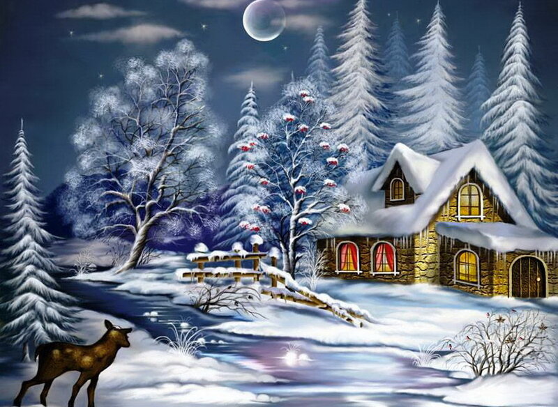 Deer in Winter Landscape — White, Serene