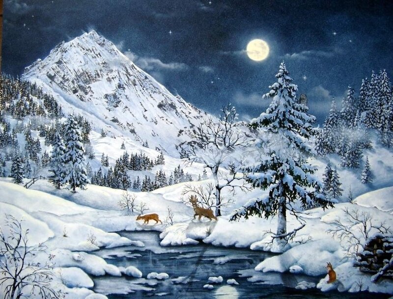 Deer in Winter Landscape — White