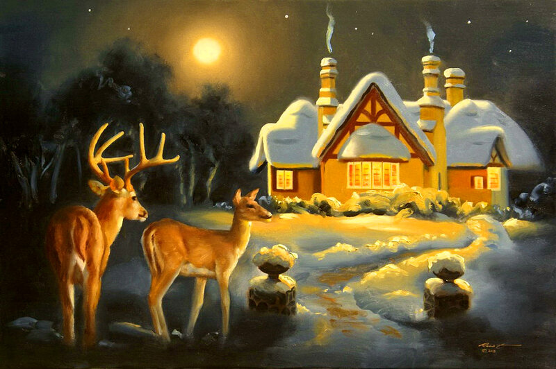 Deer in Winter Landscape — Yellow