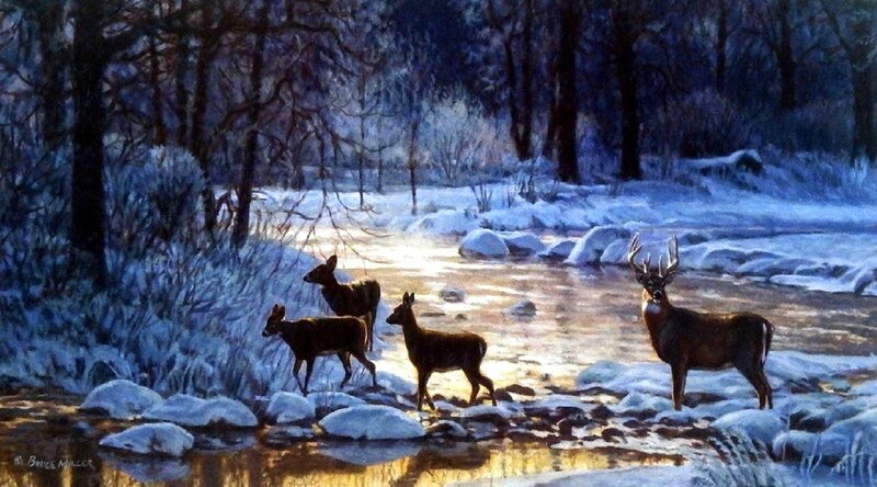 Deer in Winter Stream — Blue