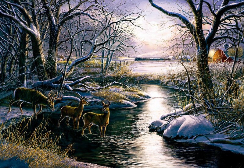 Deer in Winter Stream — White, Serene