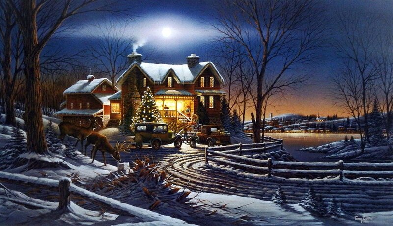 Deer Near Cabin — Blue, Serene, Night