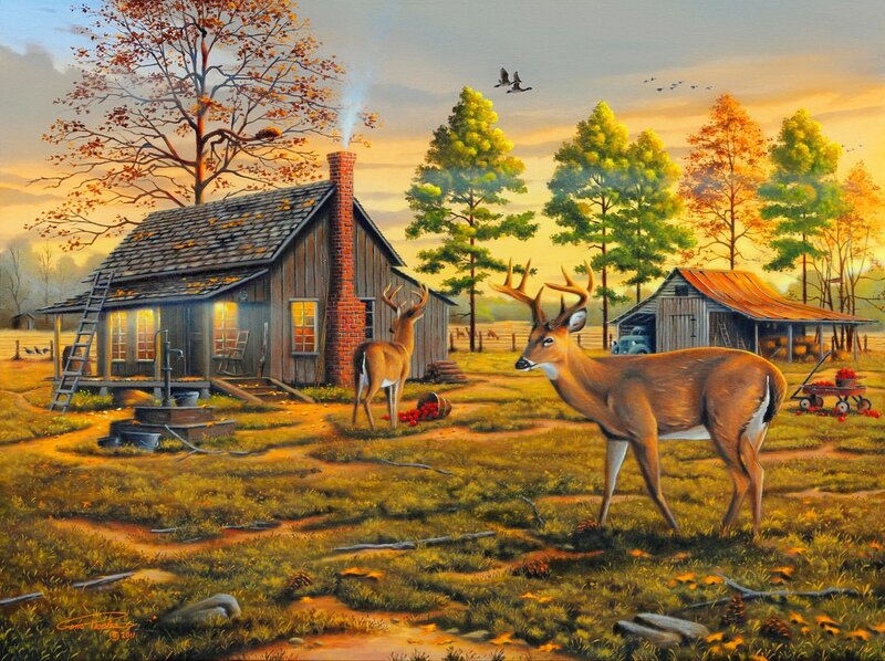 Deer Near Cabin — Brown