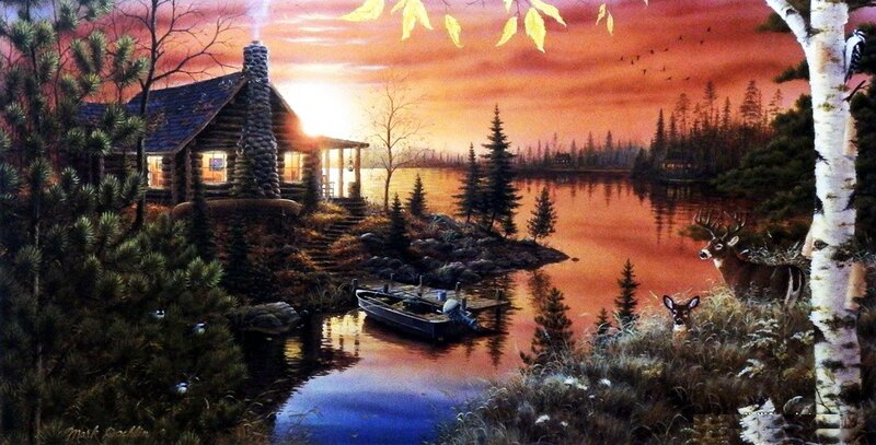 Deer Near Cabin — Orange, Serene, Sunset