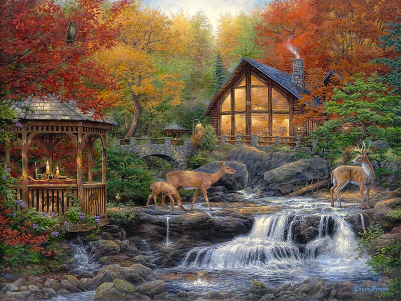 Deer Near Cabin — Red, Serene