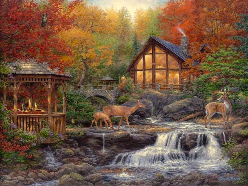 Deer Near Cabin — Red
