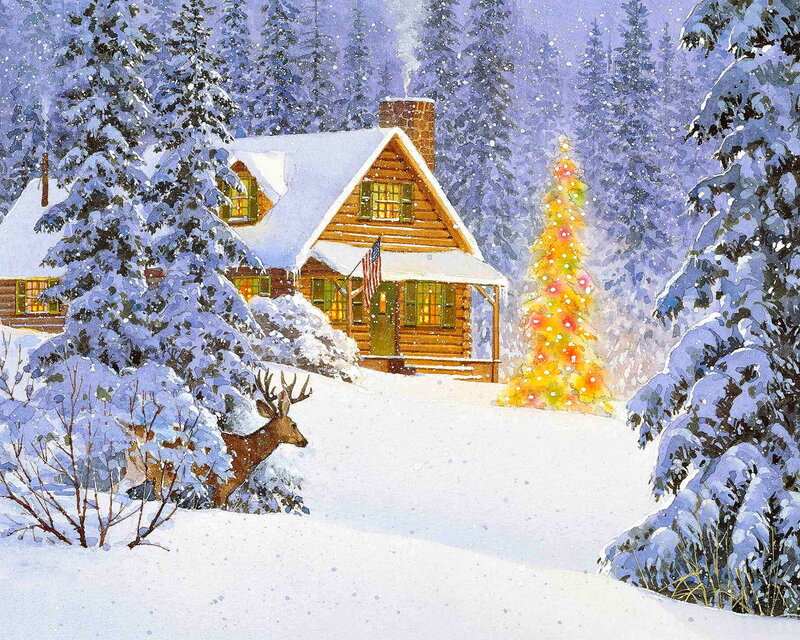 Deer Near Cabin — White, Peaceful, Winter