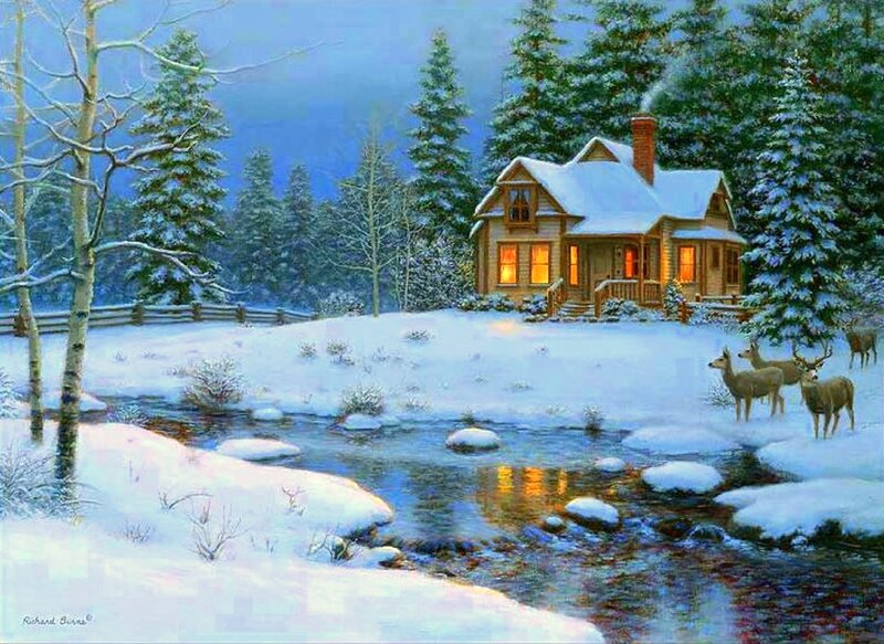 Deer Near Cabin — White, Serene