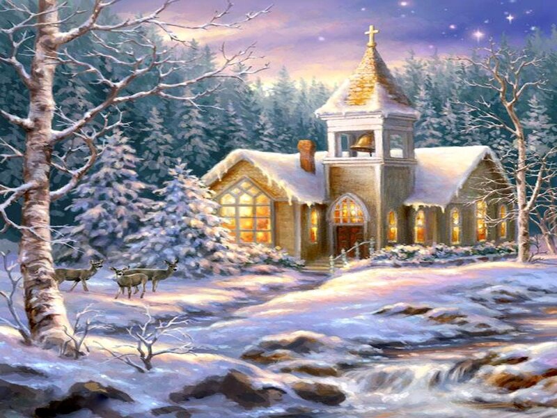 Deer Near Church — White, Serene