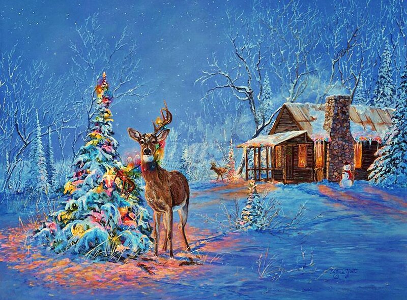 Deer Near Decorated Tree — Blue