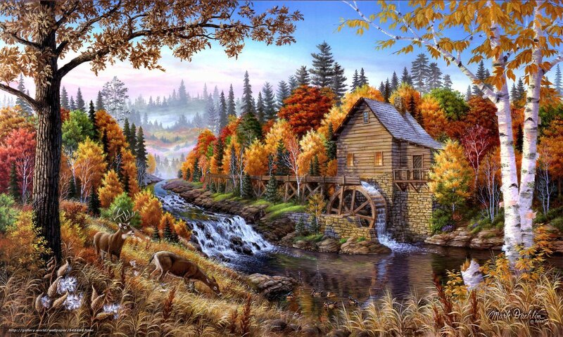 Deer Near Mill — Orange, Serene, Autumn, Painting, River, Trees