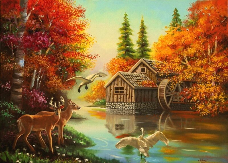 Deer Near Mill — Orange, Serene, Autumn, Painting, Swans