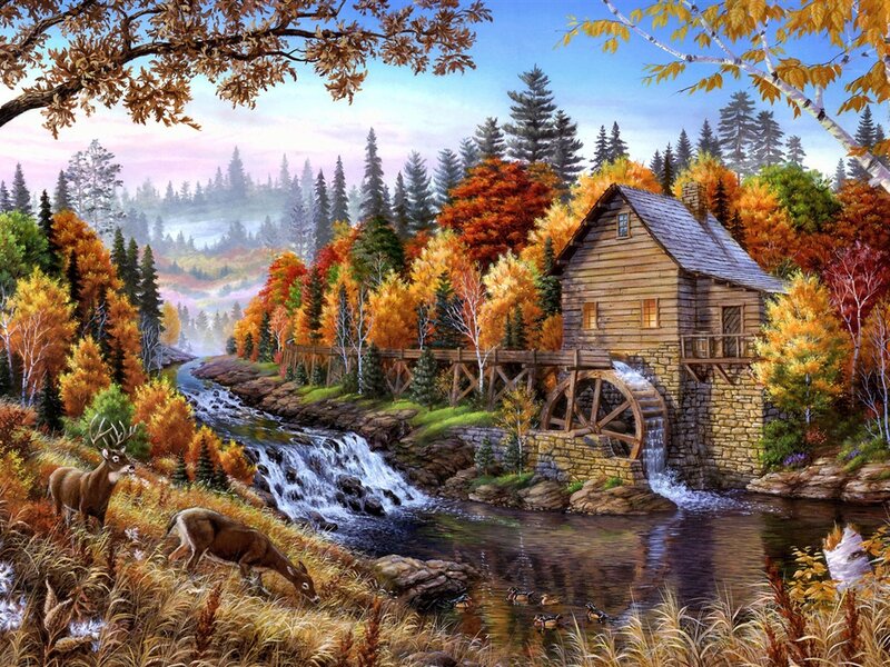 Deer Near Mill — Orange, Serene, Autumn