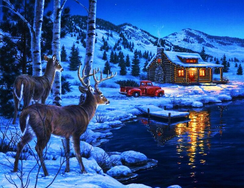 Deer Near River — Blue, Serene