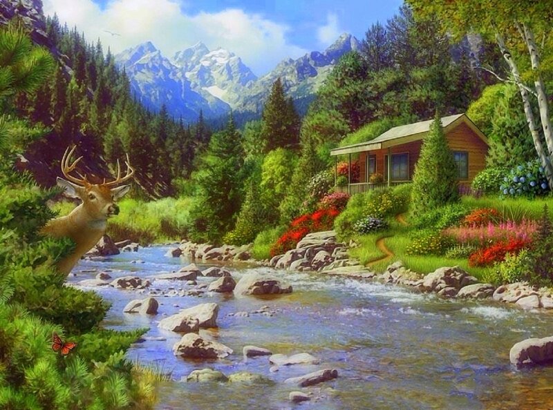 Deer Near River — Green