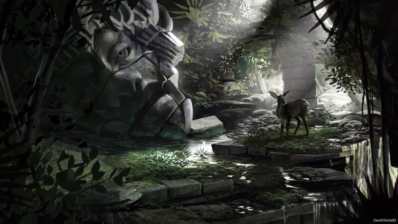 Deer Near Stone Statue