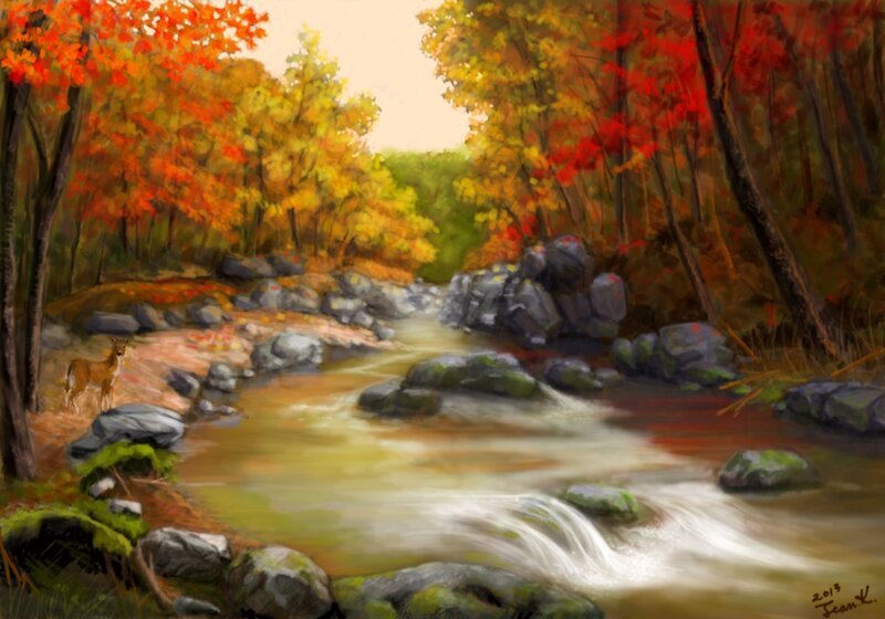 Deer Near Stream — Orange, Serene