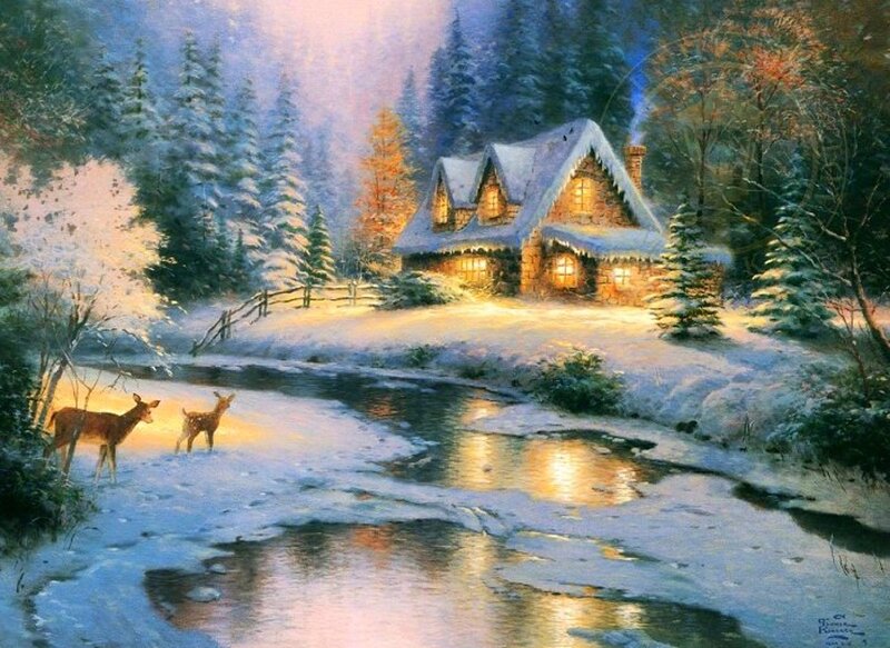 Deer Near Stream — White, Serene, Winter