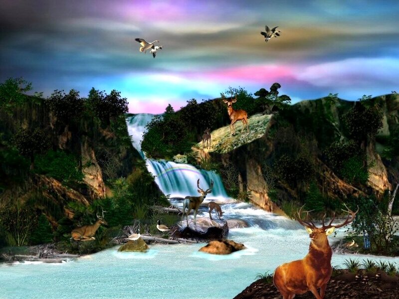 Deer Near Waterfall — Blue
