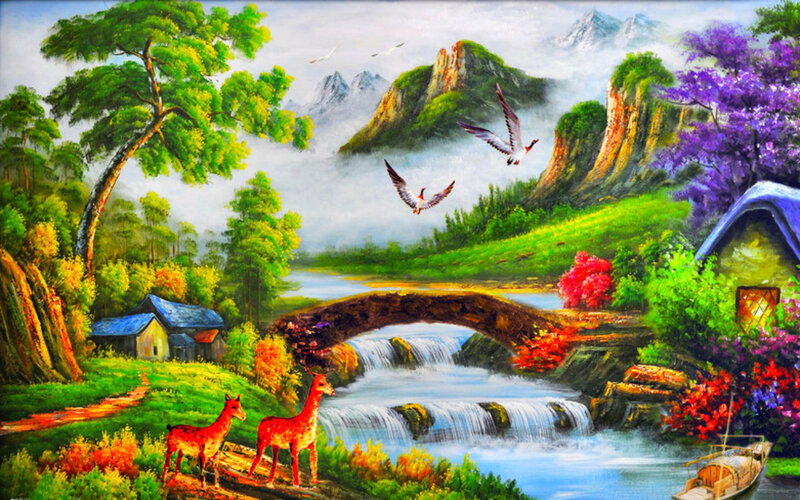 Deer Near Waterfall — Green, Serene, Afternoon