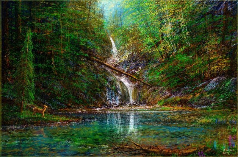 Deer Near Waterfall — Green, Serene, Morning