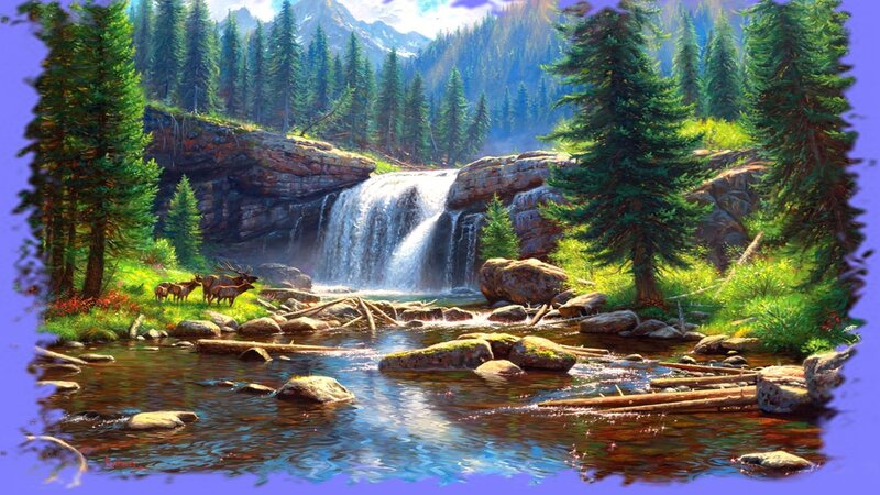 Deer Near Waterfall — Green, Serene