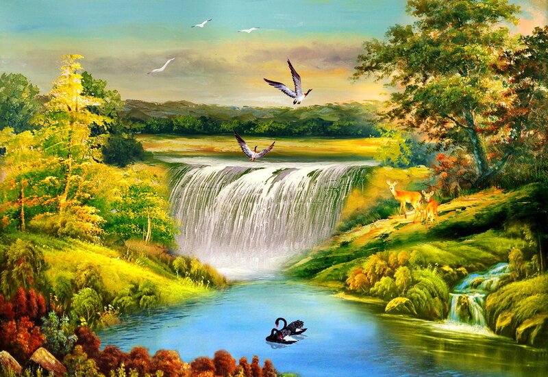 Deer Near Waterfall — Green