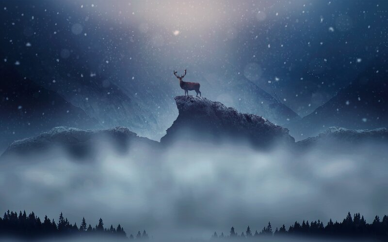 Deer on Mountain Peak — Blue