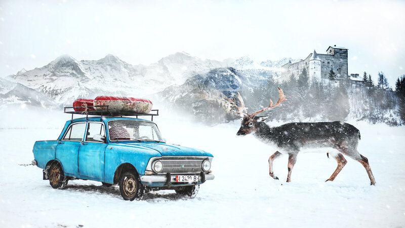 Deer Running in Snow — Blue