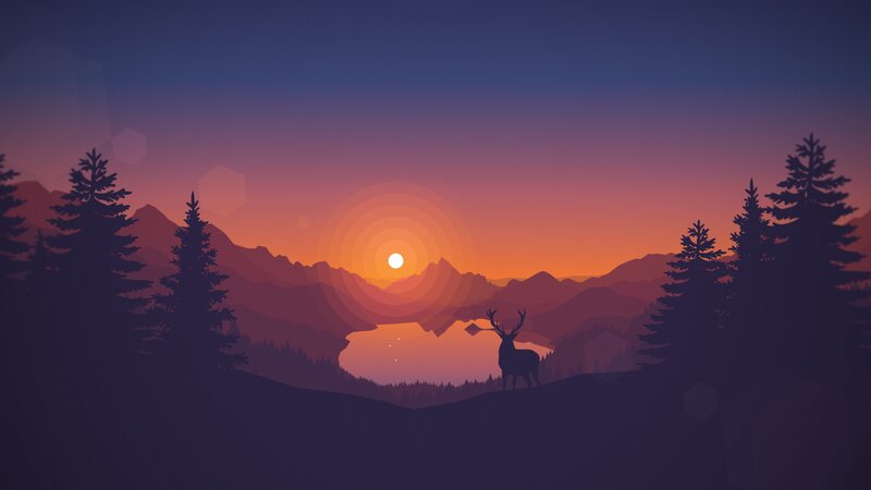 Deer Silhouette at Sunset — Purple, Serene, Digital Art, Mountains, Lake