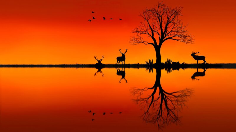 Deer Silhouettes at Sunset — Orange, Serene, Digital Art