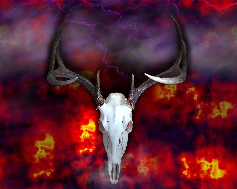 Deer skull with lightning background