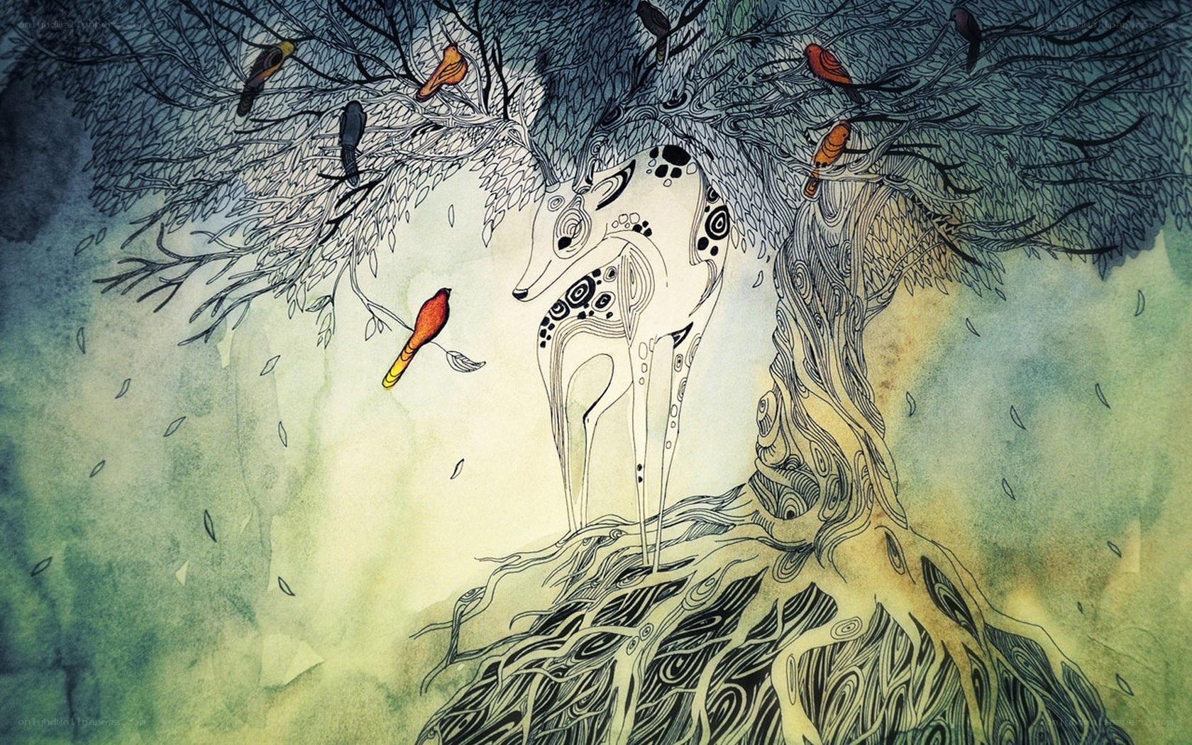 Deer under a tree with birds