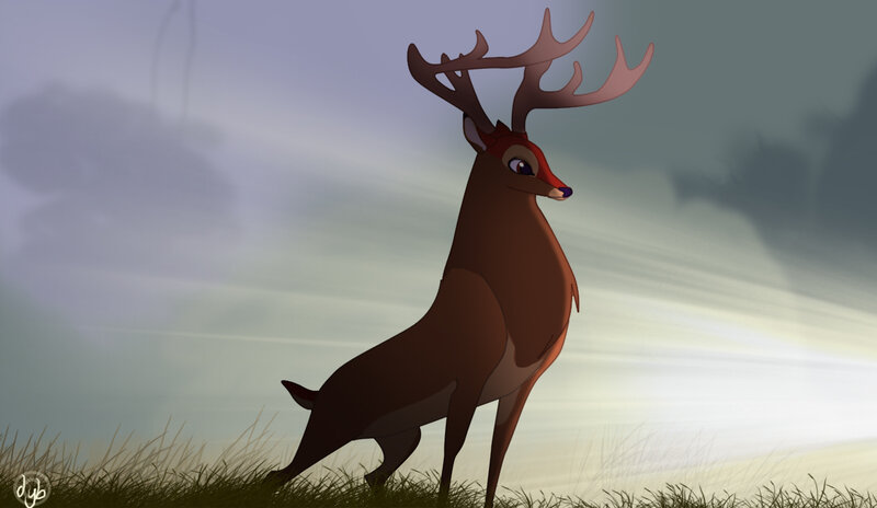Deer with Antlers — Brown, Serene, Sunset, Digital Art