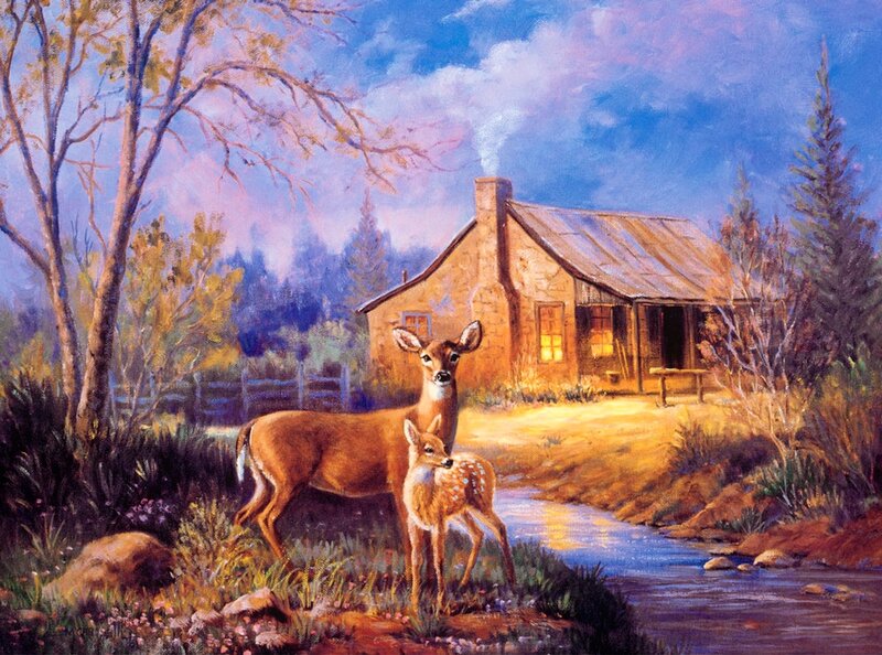 Deer with Fawn — Blue