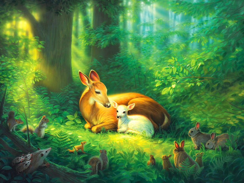 Deer with Fawn in Forest — Green