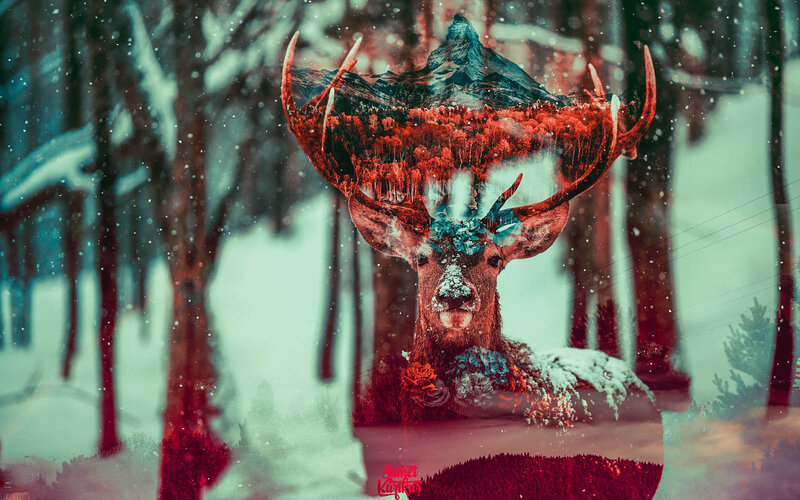 Deer with Mountain Landscape — Red