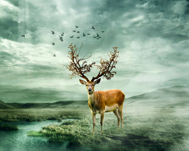 Deer with Tree Antlers — Green