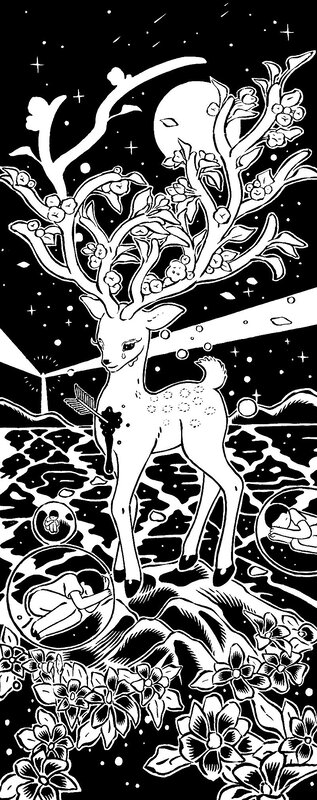 Deer with tree antlers under moon