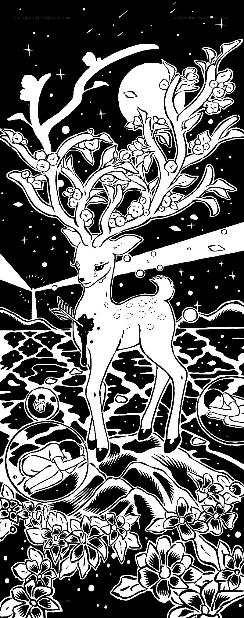 Deer with tree antlers under moon