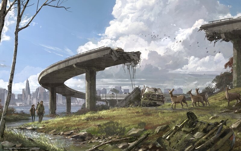Deers Near Ruined Bridge