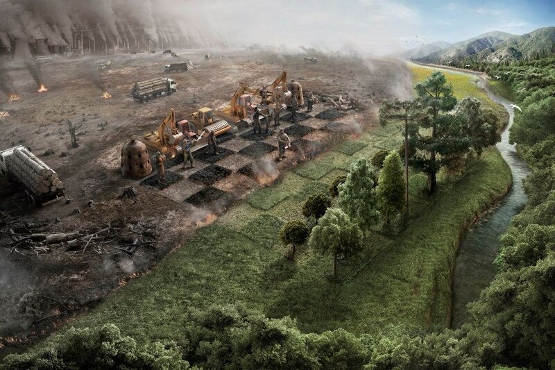 Deforestation Scene — Green, Dramatic, Afternoon