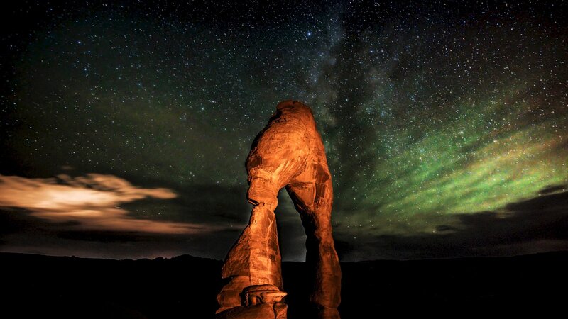 Delicate Arch at Night — Black, Dramatic, Photograph, Stars