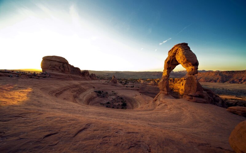 Delicate Arch at Sunset — Orange, Serene, Photograph, Rock Formation, Desert Landscape, Sky