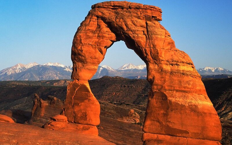 Delicate Arch Formation — Orange, Dramatic, Sunset, Photograph, Mountains, Desert Landscape