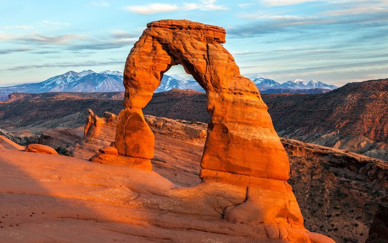 Delicate Arch Formation — Orange, Serene, Sunrise, Photograph
