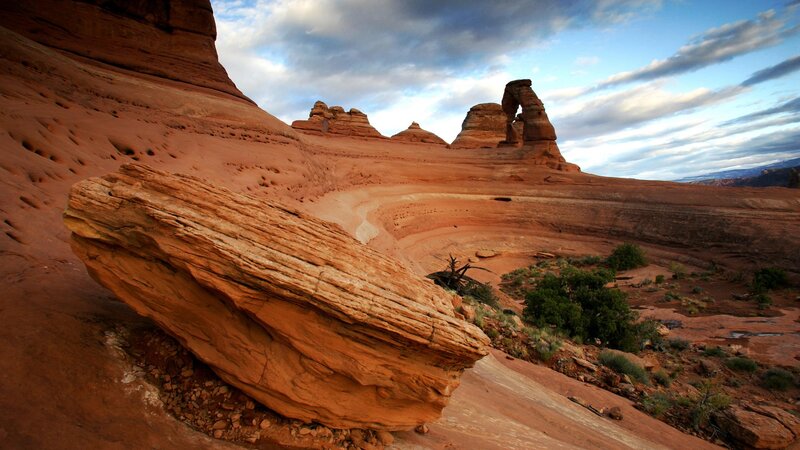 Delicate Arch Formation — Red, Dramatic, Sunset, Photograph, Rock Formations