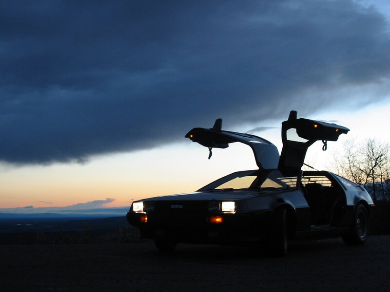 DeLorean at dusk with gullwing doors