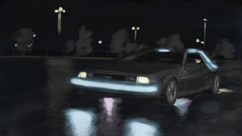 DeLorean at night on wet road