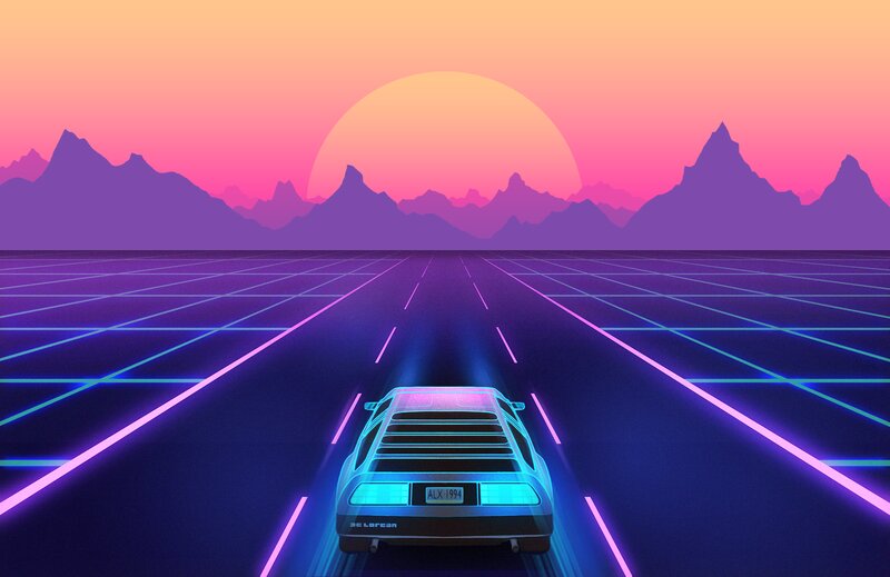 DeLorean Car on Grid Road — Purple